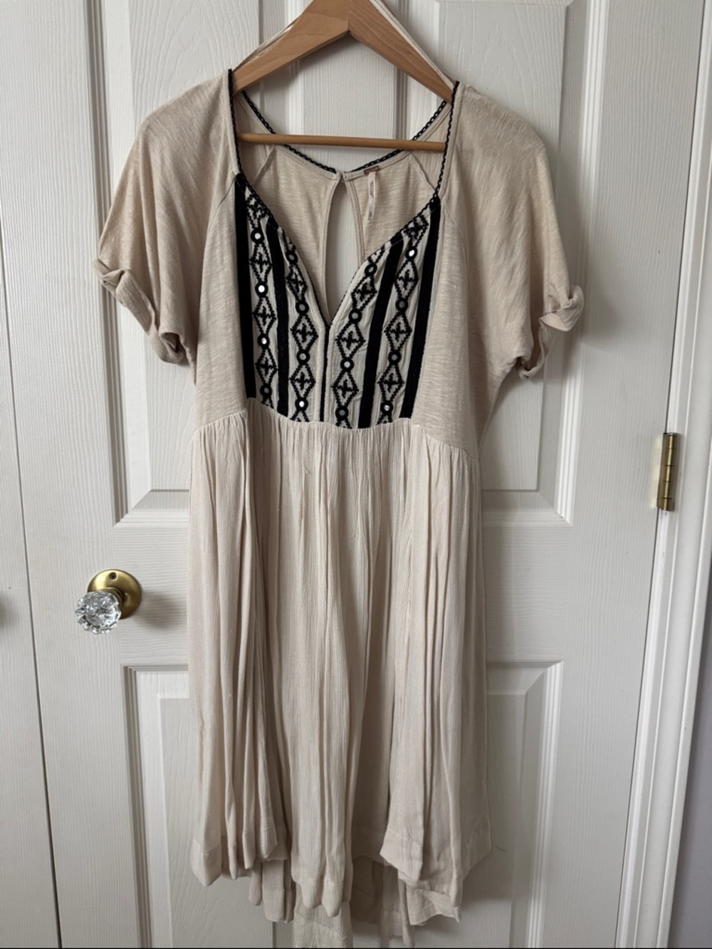 Free People Cream Short Sleeve Mini Dress with Black Embroidered Panel